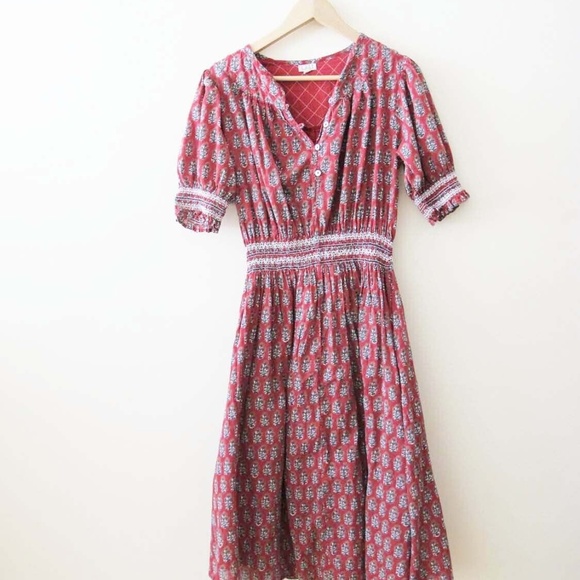 Lali Kids Womens Dress Eleanor XS Red Indian Block Print Peasant Boho - Picture 2 of 5